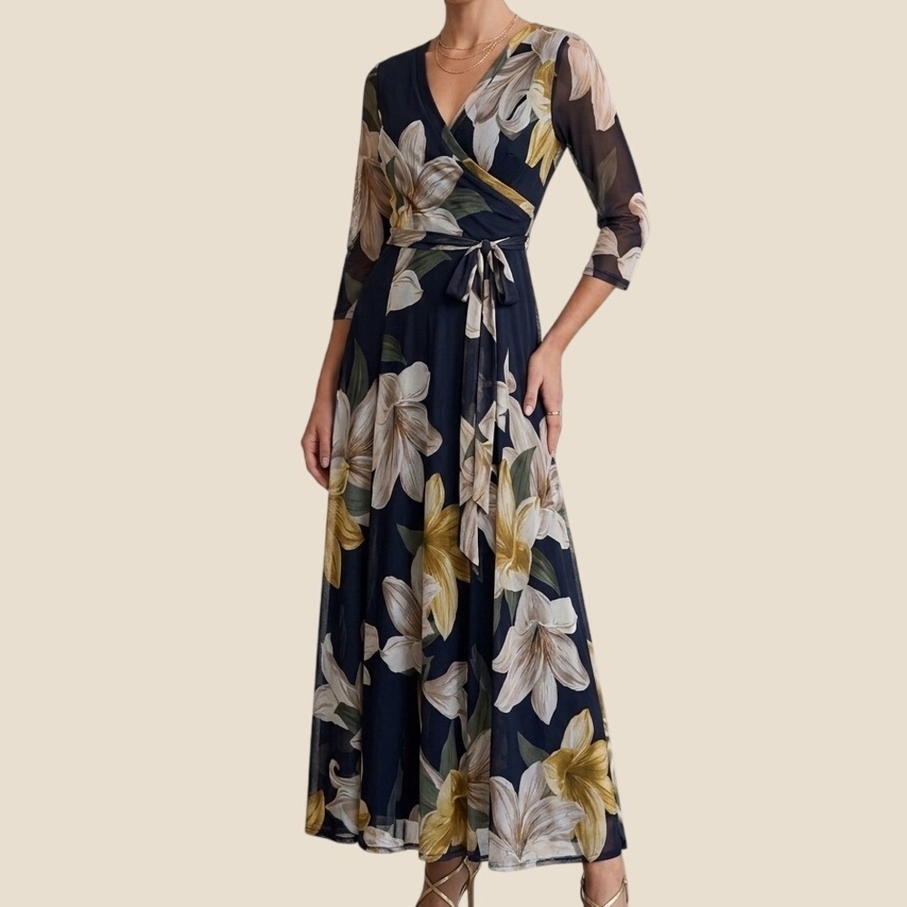 Kate and Lily Navy Blue Floral Lily Mesh Wrap Maxi Dress 3/4 Sleeve Size 4